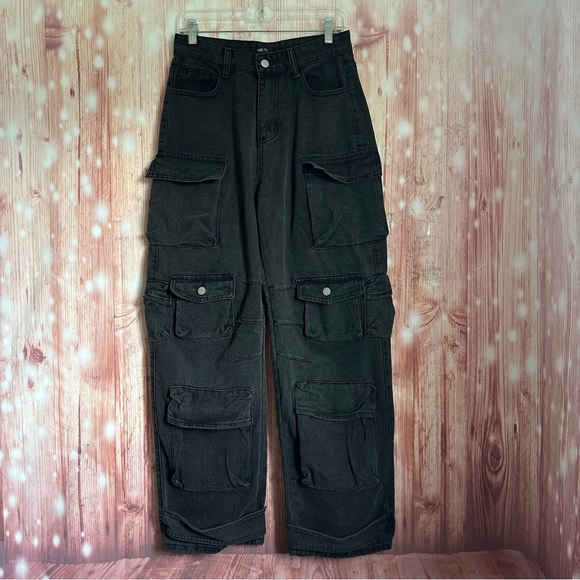 Micas Black Multi Pocket Rolled Hem Wide Leg Cargo Jeans Size Small 2-4 - Picture 2 of 15